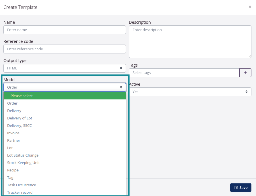 Where you select the model in Custom Template settings