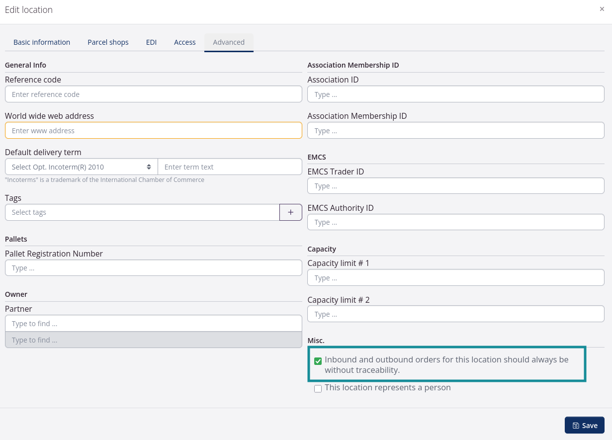 Untraced orders can be configured for a partner location